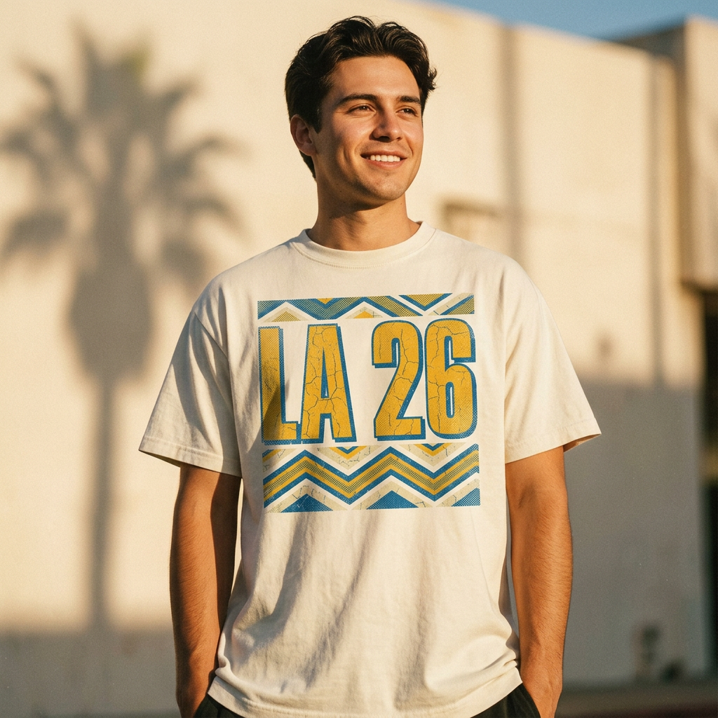 LA '26 Tee — retro 90s graphic tee on body, Eleven Stripes