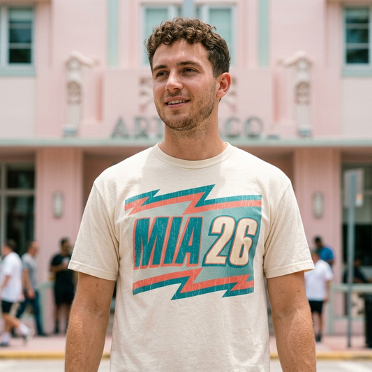MIA '26 Tee — retro 90s graphic tee on body, Eleven Stripes