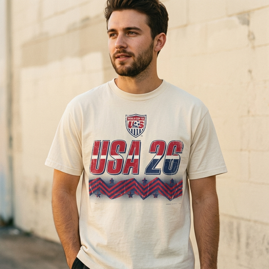 USA '26 Tee — retro 90s graphic tee on body, Eleven Stripes
