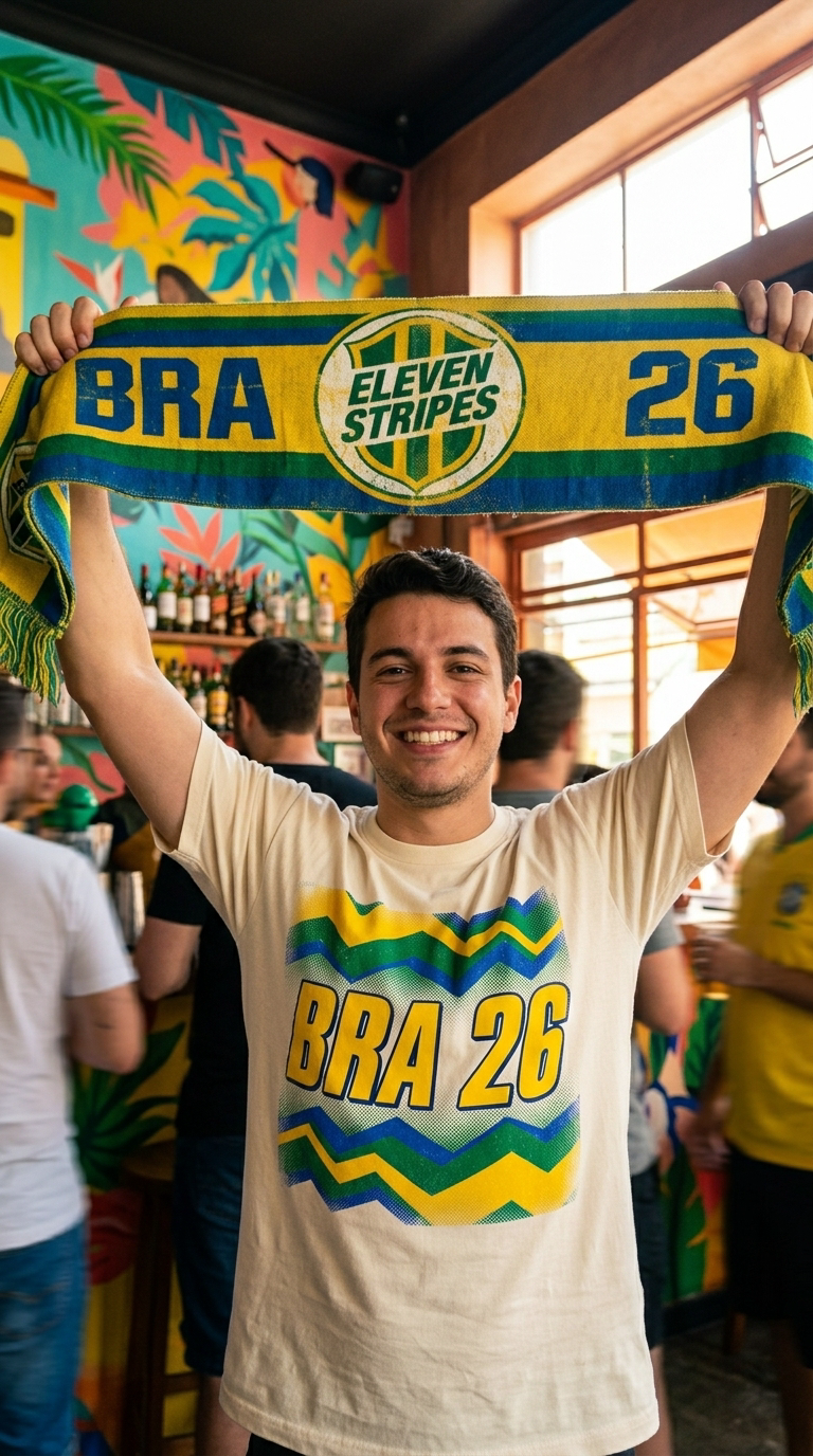 Brasil Matchday Kit — tee + scarf, retro 90s Eleven Stripes